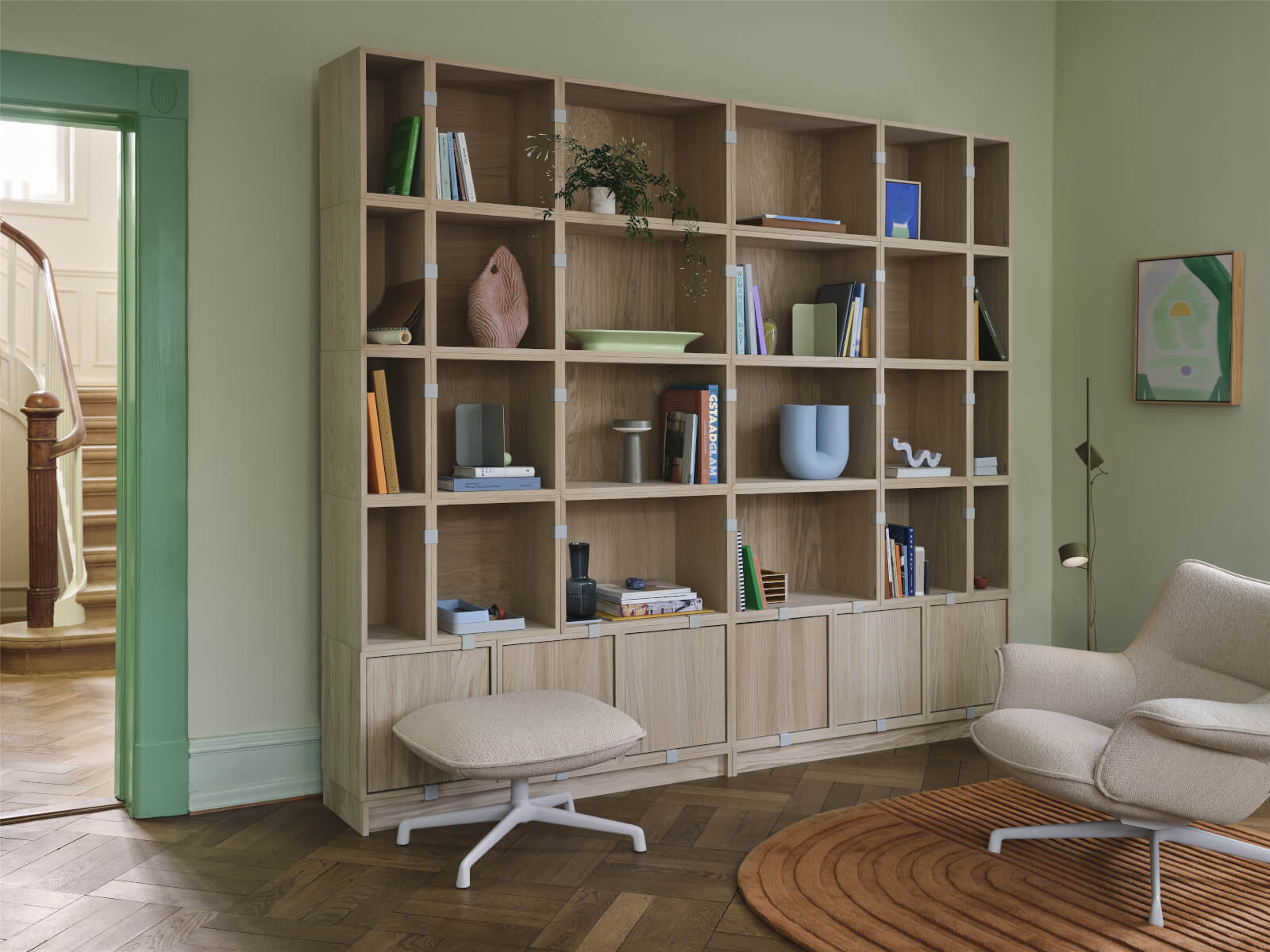 Stacked Storage Bookcase - Configuration 1, brown green